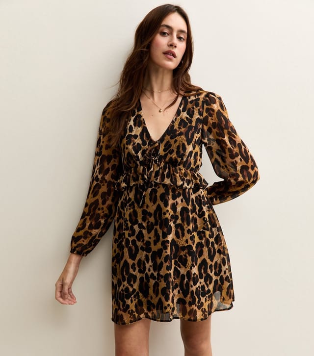 New Look Women's Brown Leopard Print Chiffon Long Sleeve Mini Dress New Look - 2