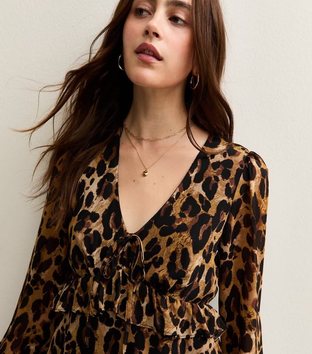 New Look Women's Brown Leopard Print Chiffon Long Sleeve Mini Dress New Look - 3