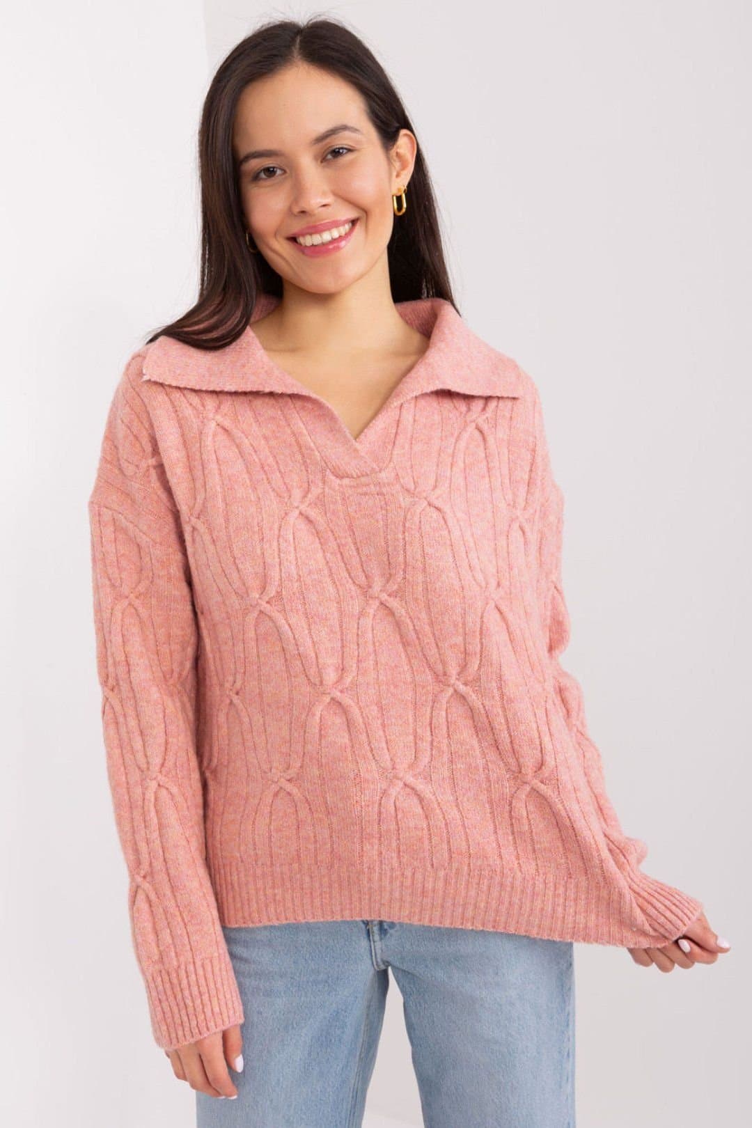 Love Lace Love Lace Women's Variegated Acrylic Long Sleeve Collared Sweater in Pink