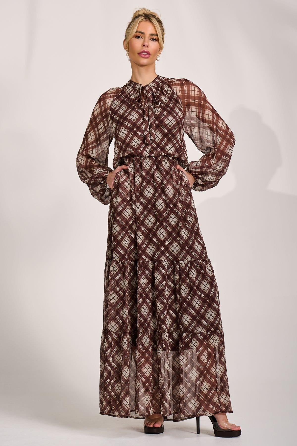 Jolie Moi Light Brown Tie Neck Maxi Dress with Sheer Sleeves