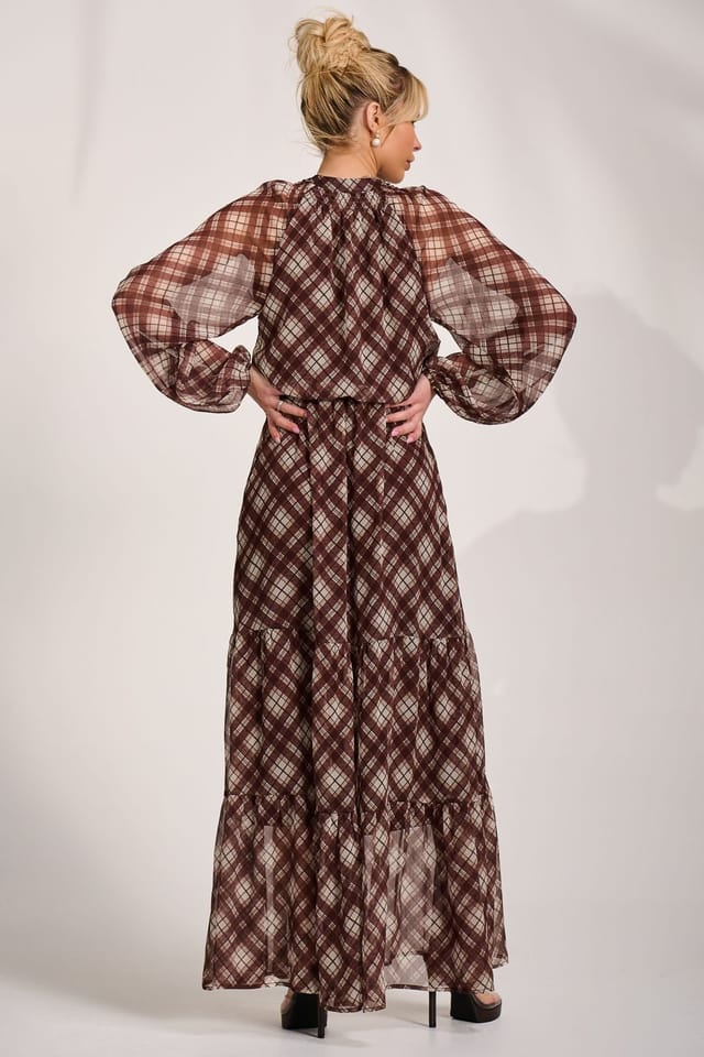 Jolie Moi Jolie Moi Women's Long Sleeve Tie Neck Maxi Dress in Light Brown - 2