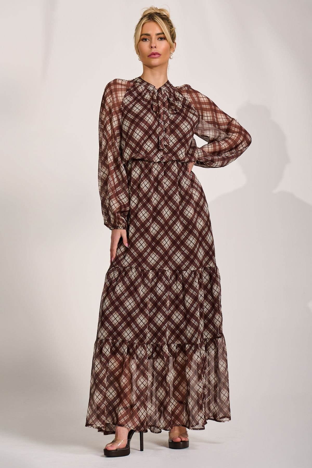 Jolie Moi Jolie Moi Women's Long Sleeve Tie Neck Maxi Dress in Light Brown - 4