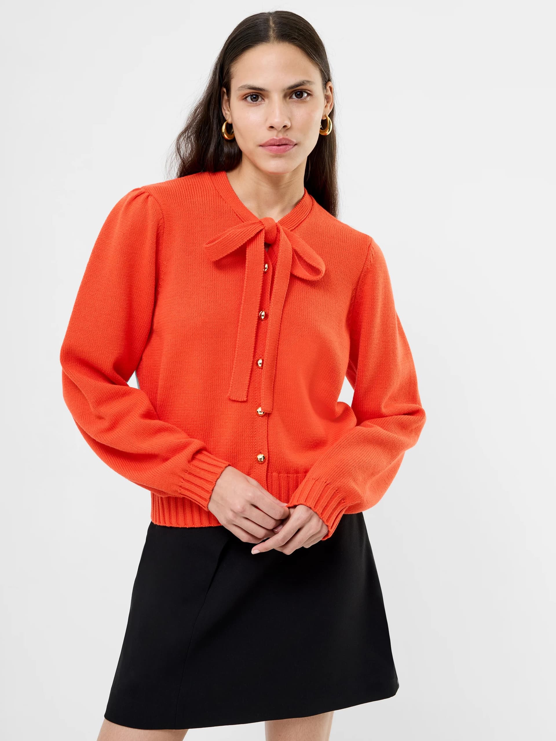 French Connection Varli Long Sleeve Tie Neck Cardigan Flame Orange