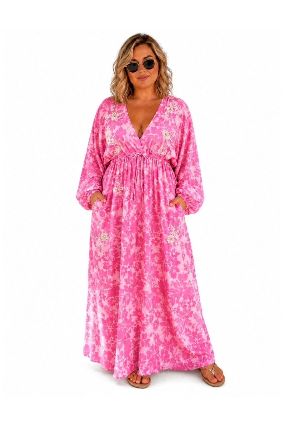 Soul of Sita Soul of Sita Women's Caz Kaftan Long in Fusia, Leaf Print with Hand Embellishment in Fuchsia