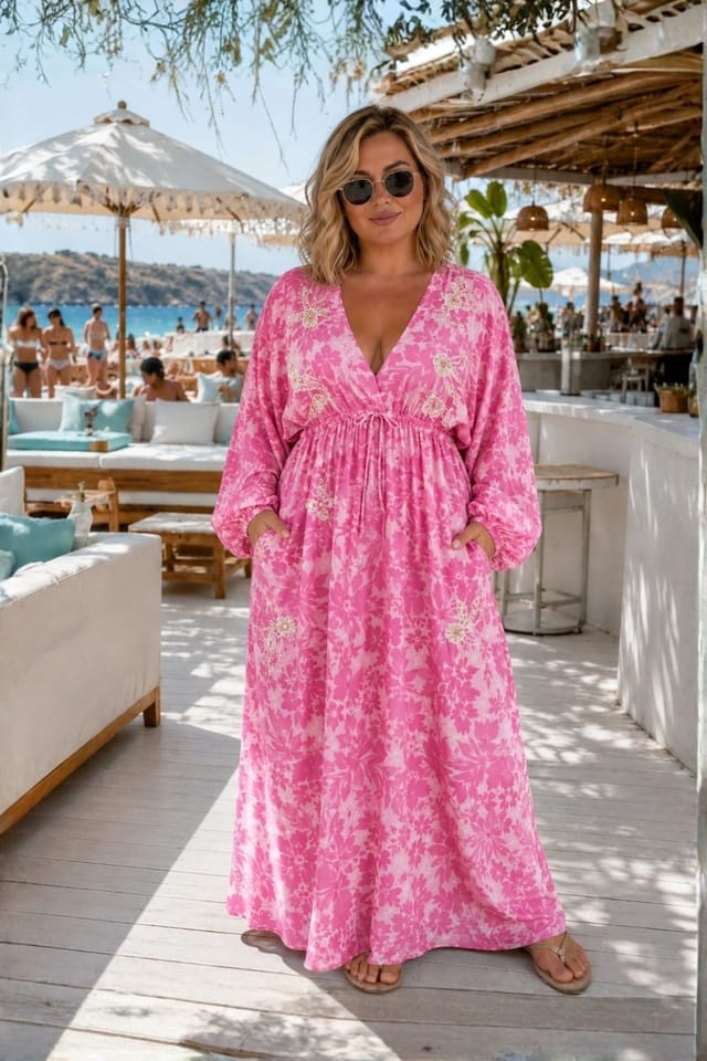 Soul of Sita Soul of Sita Women's Caz Kaftan Long in Fusia, Leaf Print with Hand Embellishment in Fuchsia - 2