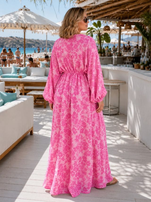 Soul of Sita Soul of Sita Women's Caz Kaftan Long in Fusia, Leaf Print with Hand Embellishment in Fuchsia - 3
