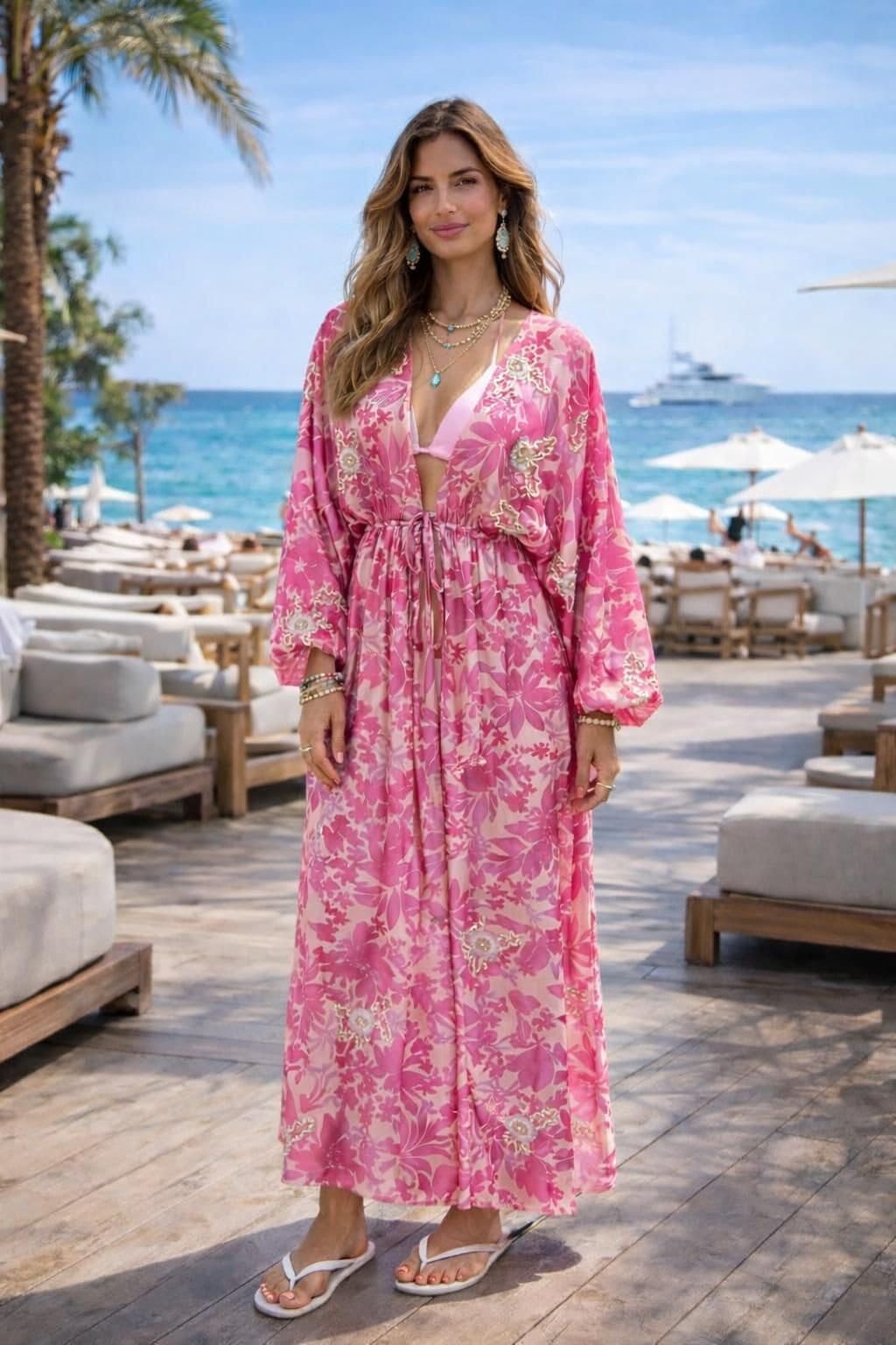 Soul of Sita Soul of Sita Women's Caz Kaftan Long in Fusia, Leaf Print with Hand Embellishment in Fuchsia - 4