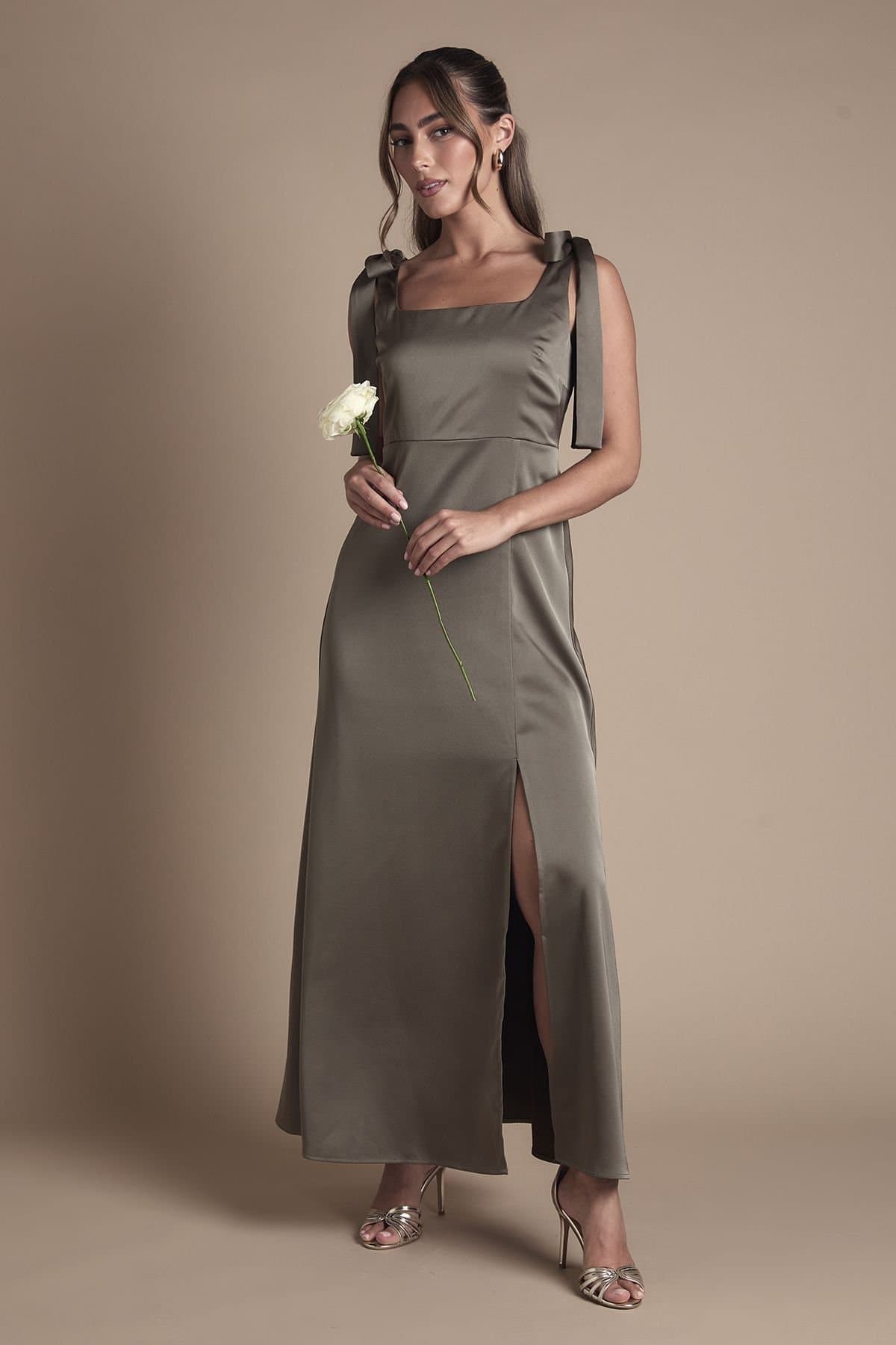 Oasis Oasis Women's Olive Satin Tie Shoulder Midi Bridesmaid Dress