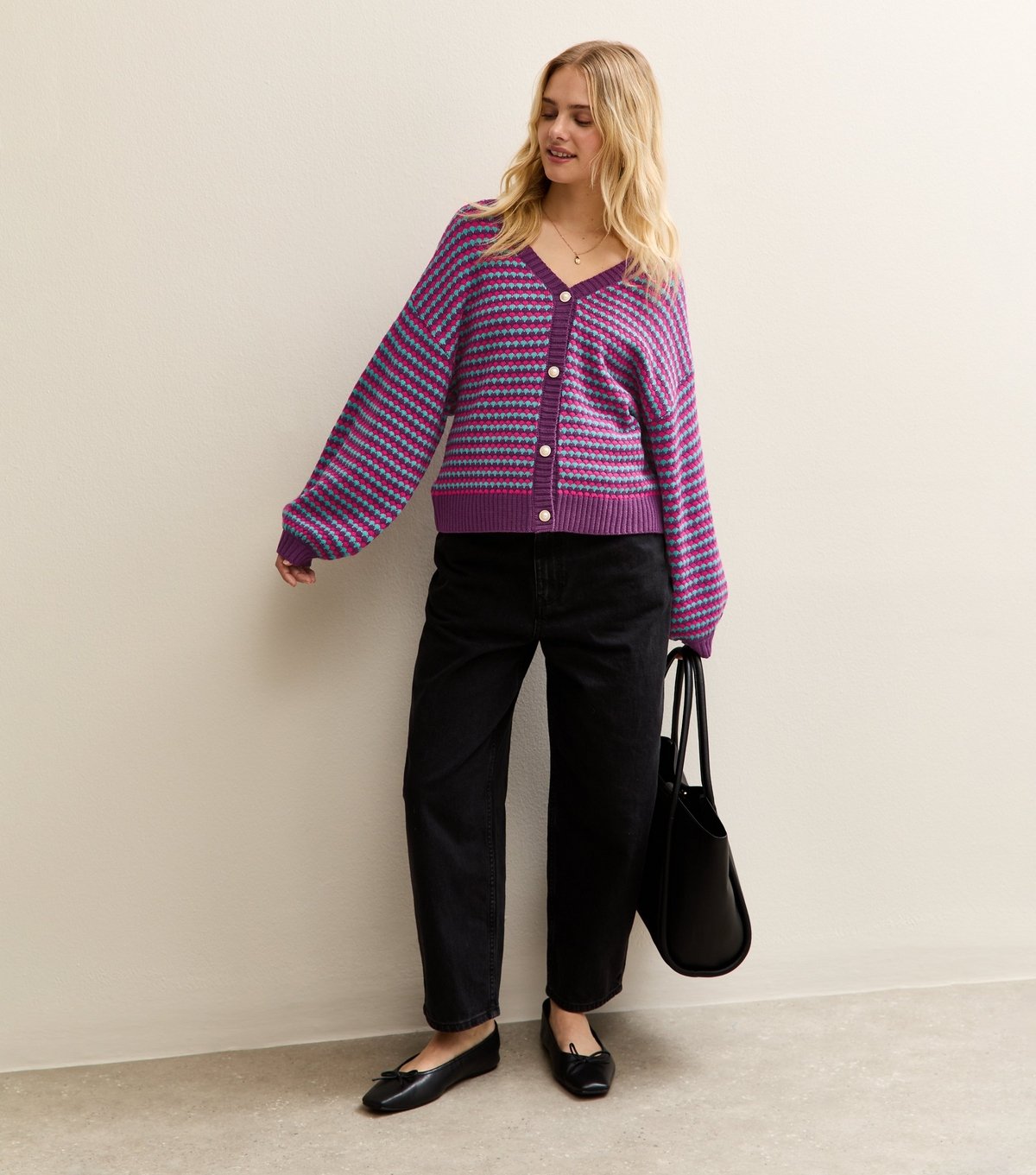 Sunshine Soul Women's Purple Oversized Striped Cardigan Sunshine Soul New Look - 3