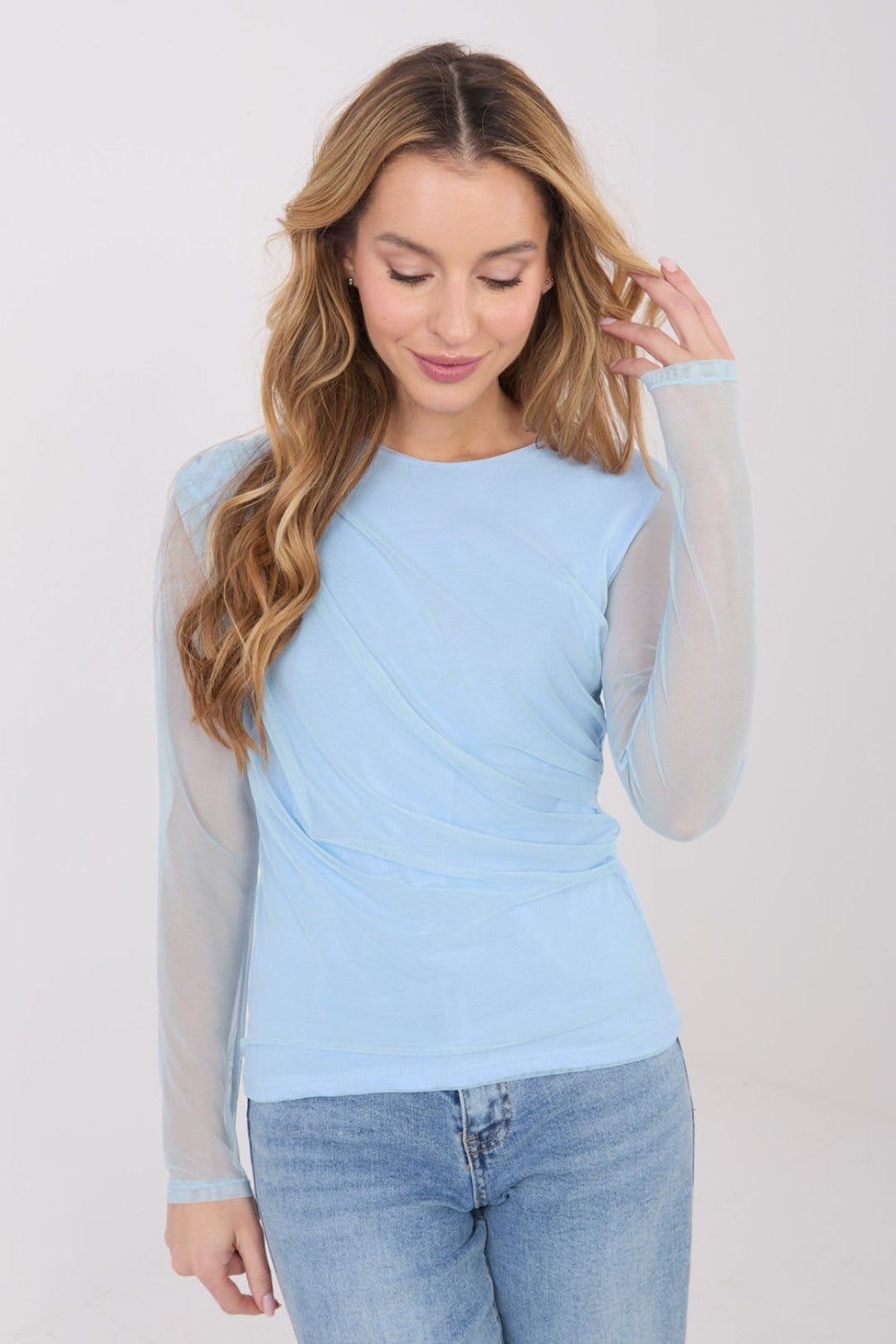 Love Lace Love Lace Women's Elegant Mesh Fitted Blouse with Pleats Style 223342 in Blue - 1