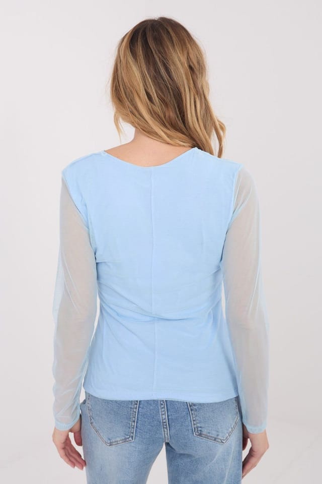 Love Lace Love Lace Women's Elegant Mesh Fitted Blouse with Pleats Style 223342 in Blue - 3