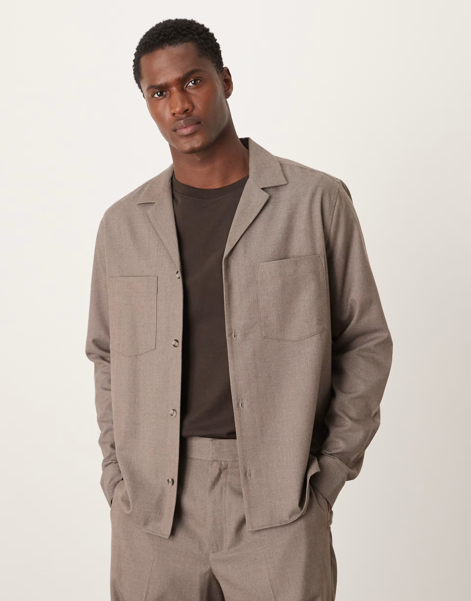 ASOS ASOS DESIGN relaxed smart co-ord long sleeve shirt in beige flannel