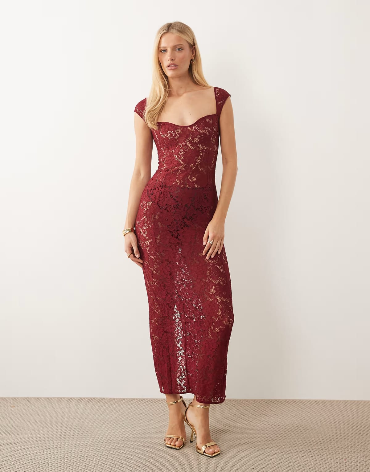 ASOS Oh Polly lace sweetheart neck cap sleeve mesh maxi dress in cherry red - 1