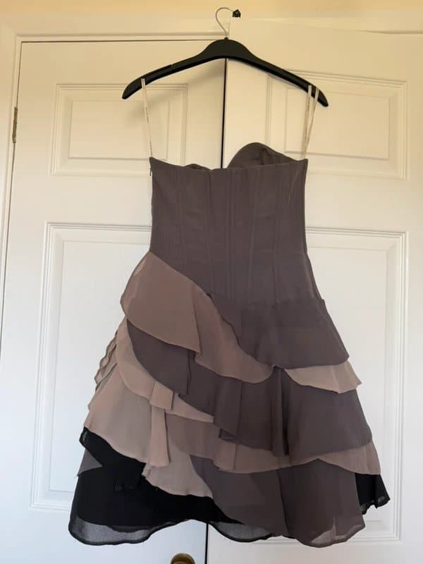 Karen Millen Rare Vintage Karen Millen England Silk Corset Mini Dress UK 8 Grey Taupe Ruffle Occasion