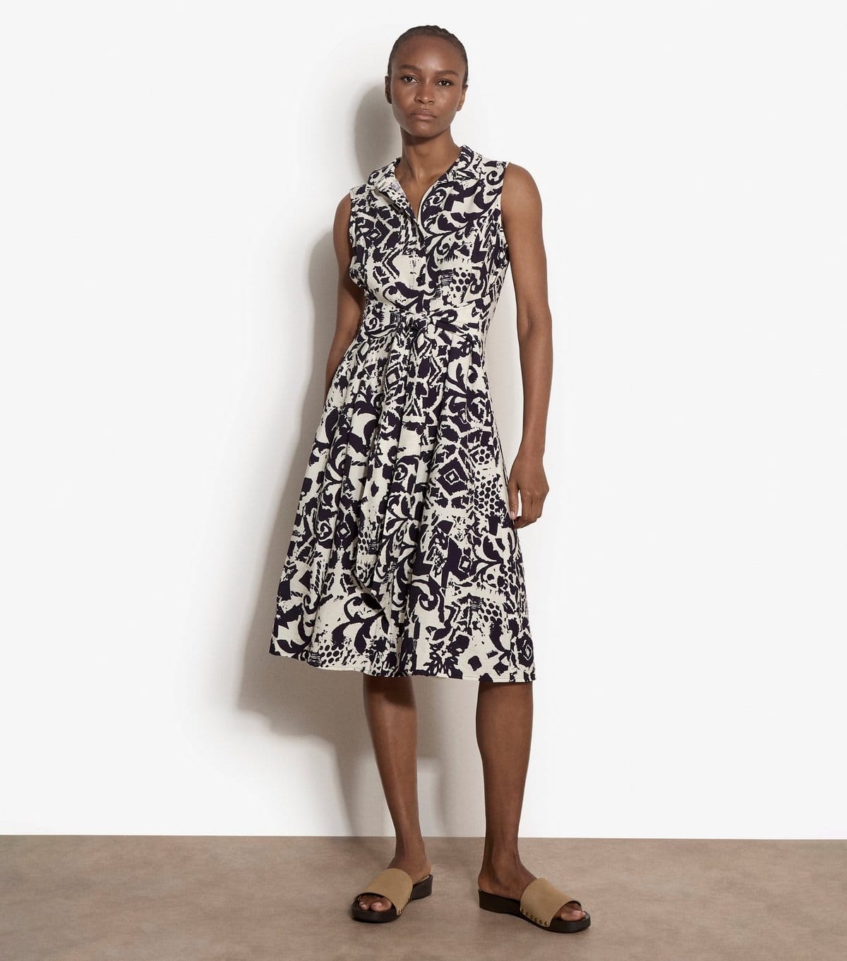 Apricot Navy Tile Print Tie Front Shirt Dress