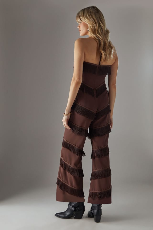 Warehouse Warehouse Women's Premium Fringe Halter Jumpsuit in Chocolate - 3