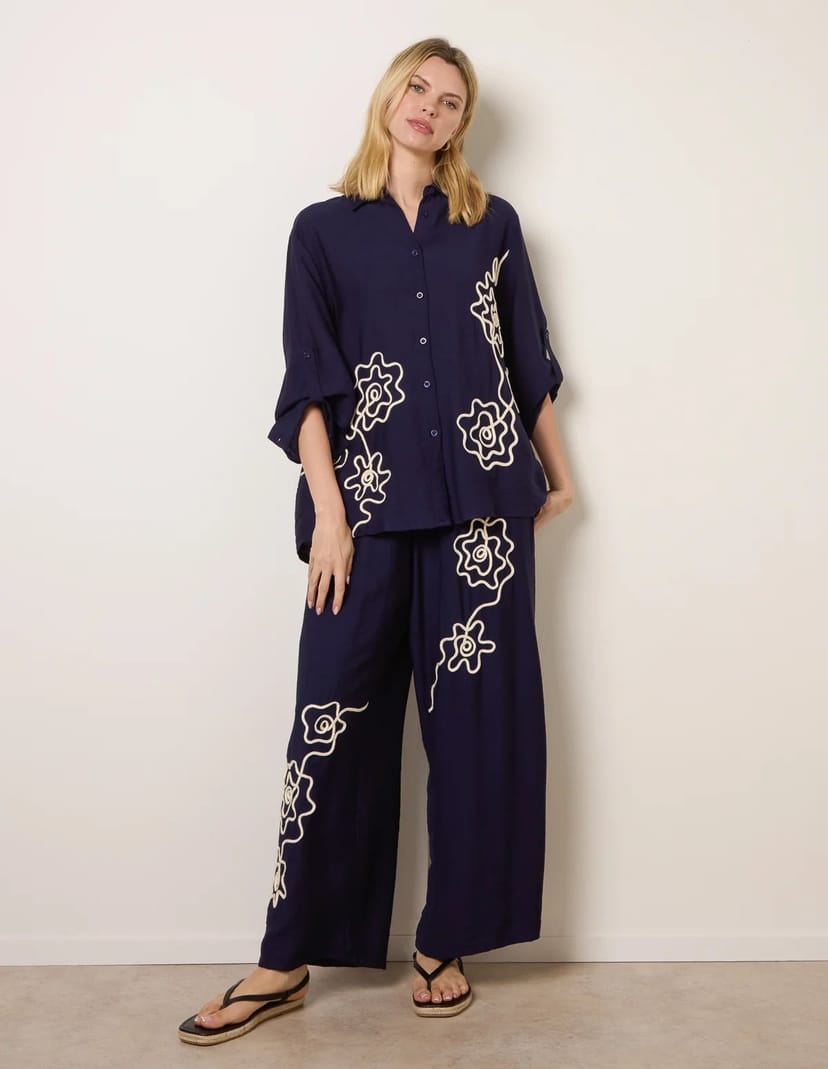 Blue Vanilla Floral Embroidery Trousers - 1
