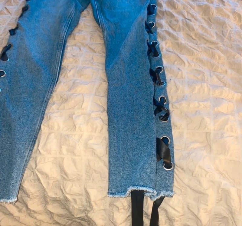 Monki ight blue denim wash straight leg jeans with black ribbon detail