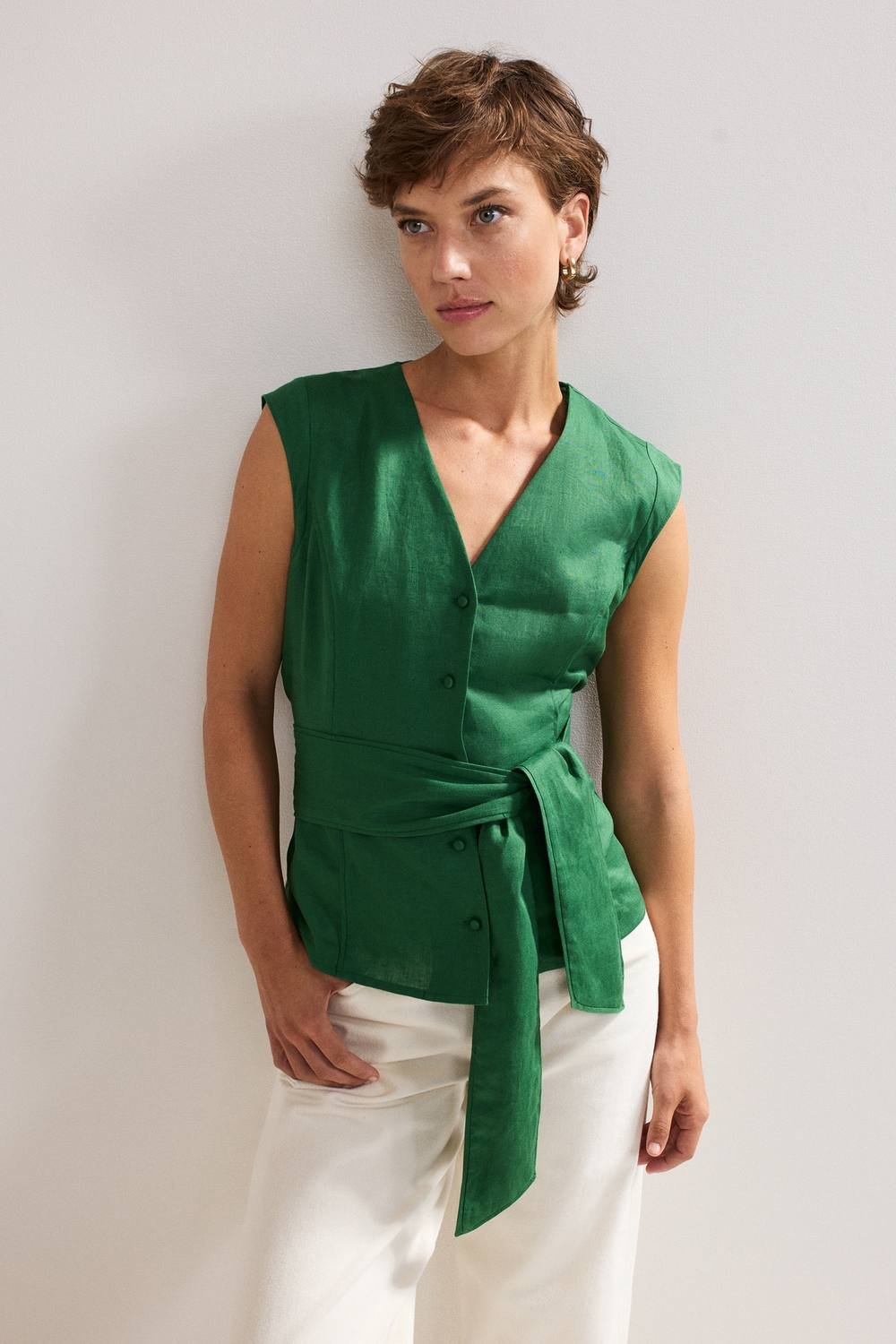 Phase Eight Phase Eight Women's Mariana Linen Tie Waist Top in Bottle Green - 4