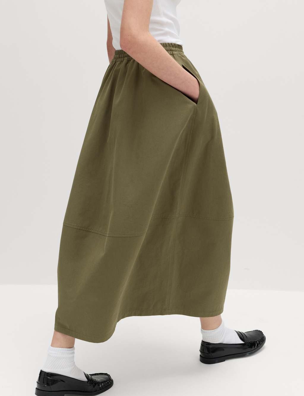 Marks & Spencer M&S Pure Cotton Cocoon Shape Midi Skirt Olive - 2