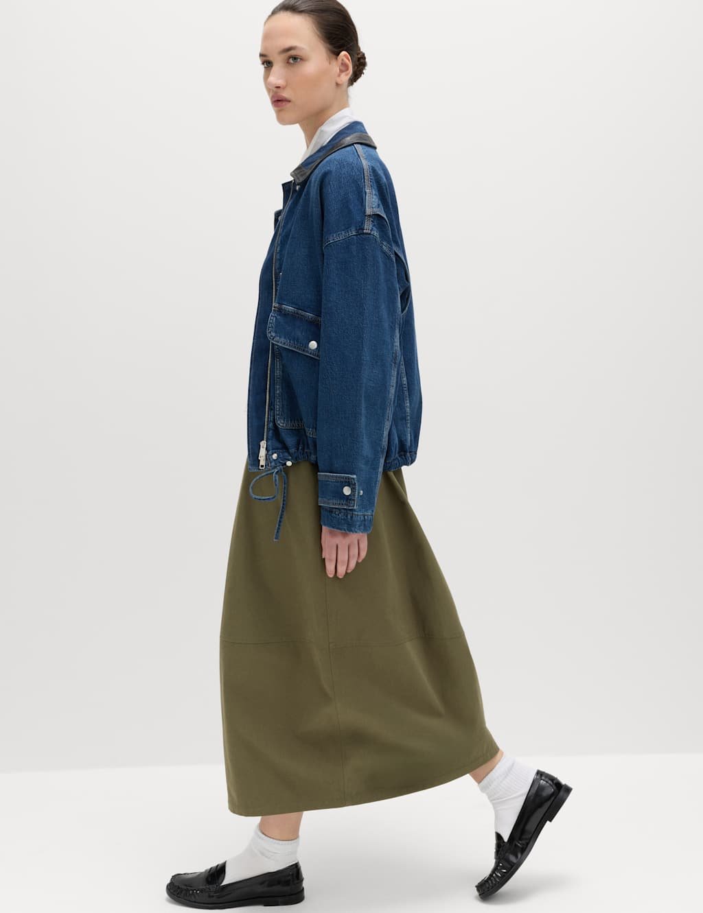 Marks & Spencer M&S Pure Cotton Cocoon Shape Midi Skirt Olive - 3