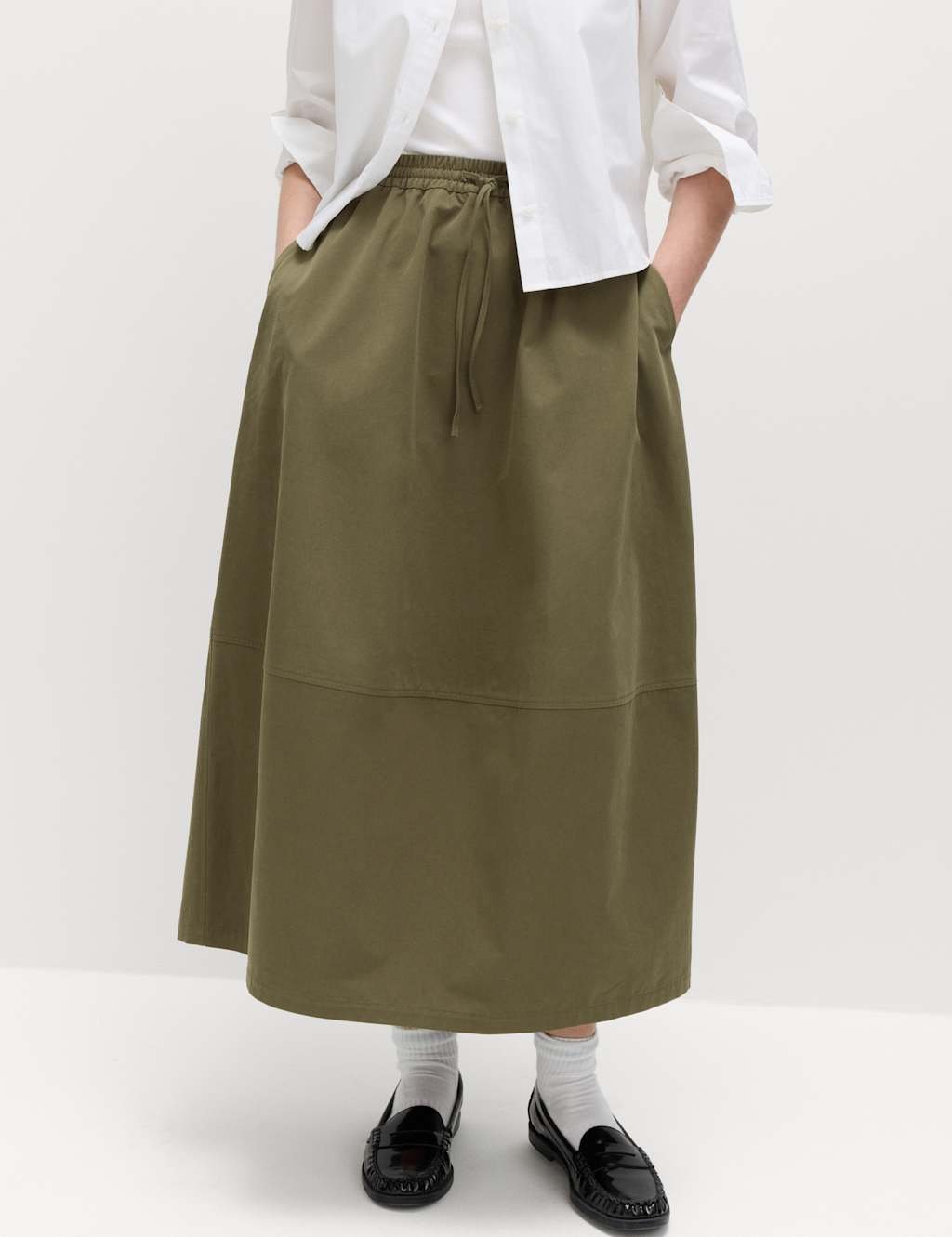 Marks & Spencer M&S Pure Cotton Cocoon Shape Midi Skirt Olive - 4