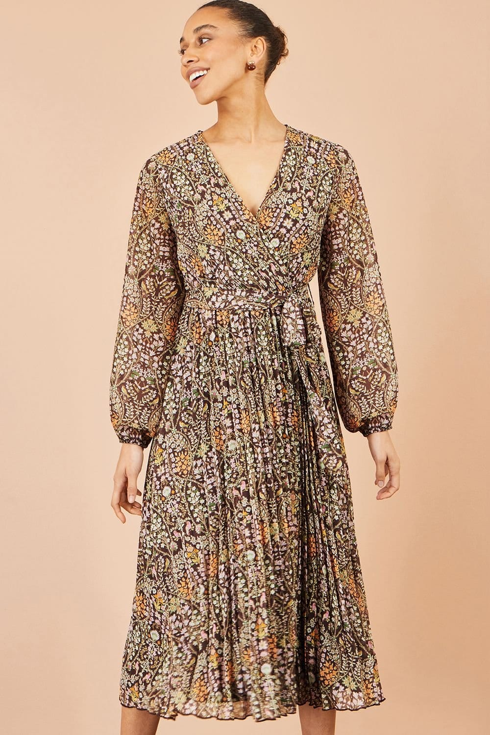 Yumi Brown Floral Pleated Midi Dress