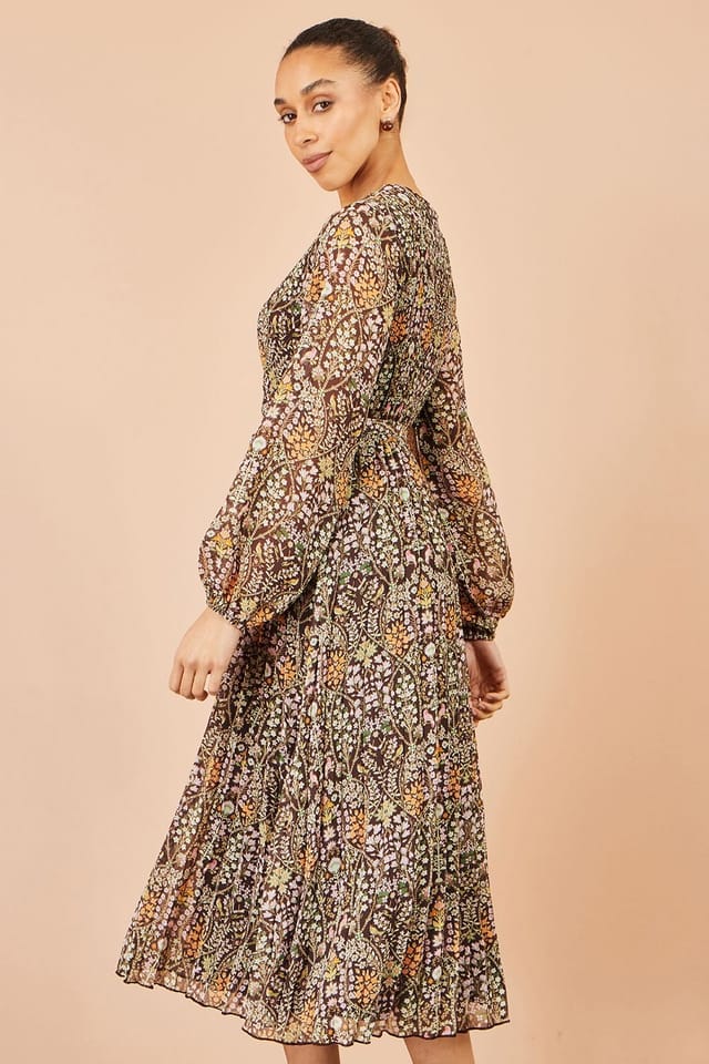 Yumi Yumi Women's Ditsy Floral Pleated Midi Dress in Brown - 2