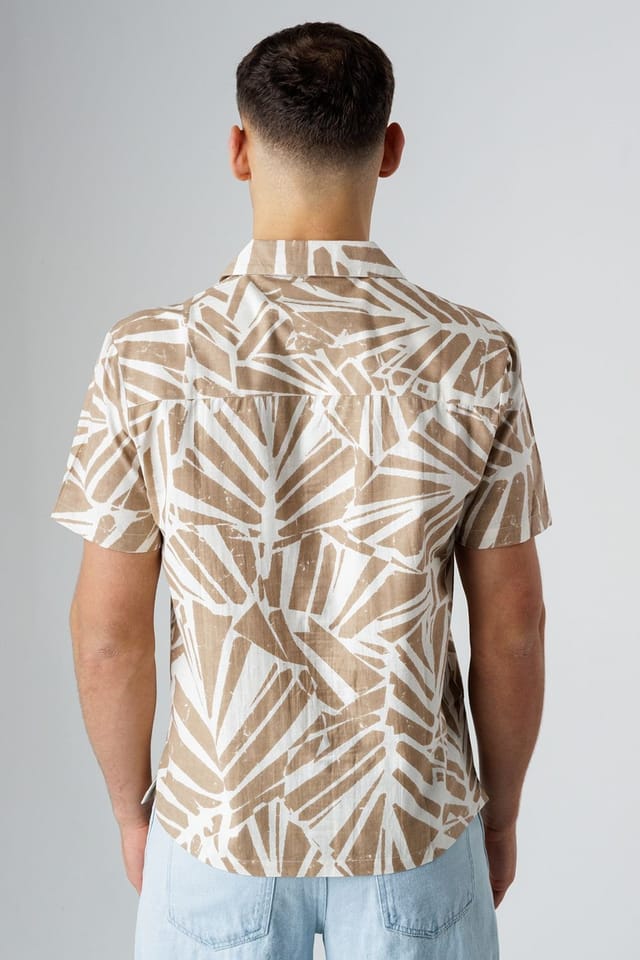 Influence Influence Men's Cotton Linen Blend Tropical Print Short Sleeve Button Shirt in Brown - 2