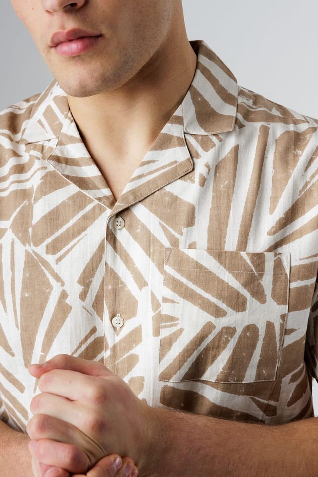 Influence Influence Men's Cotton Linen Blend Tropical Print Short Sleeve Button Shirt in Brown - 3