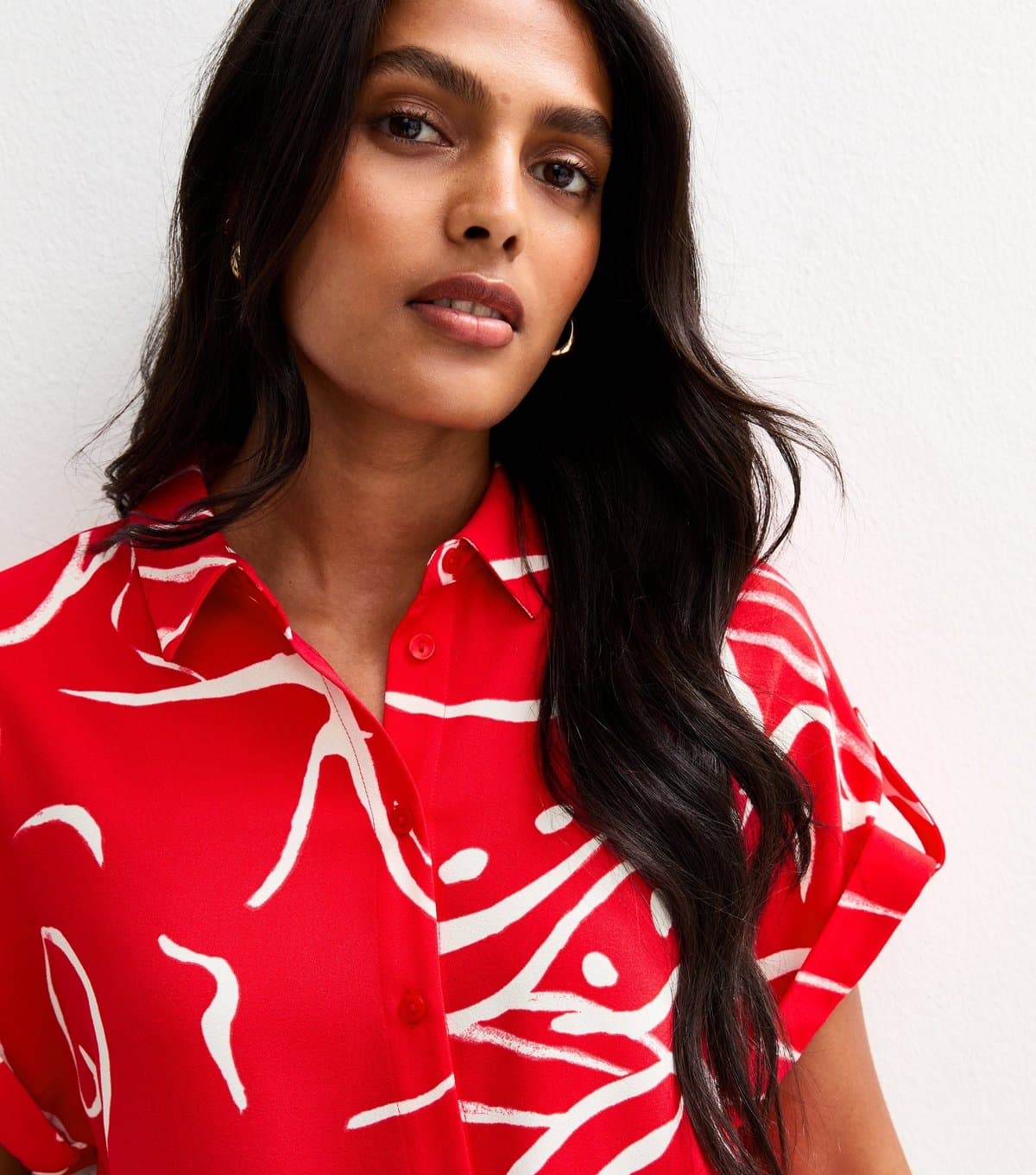 New Look Women's Red Shell Print Short Sleeve Resort Shirt New Look