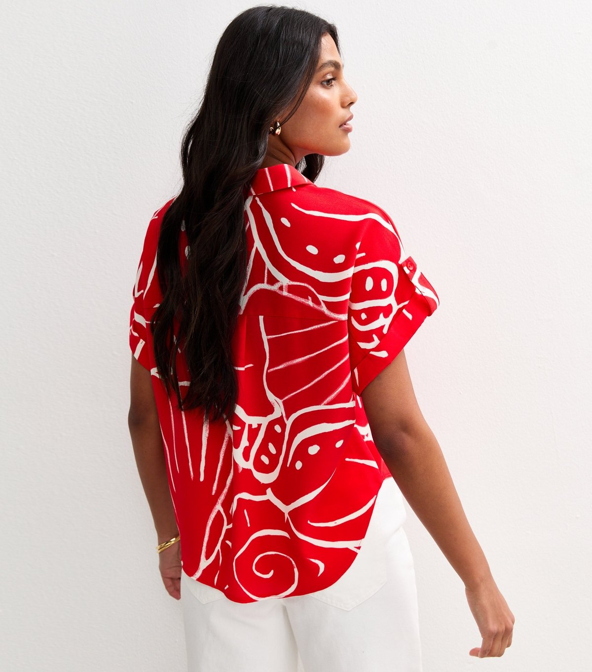 New Look Women's Red Shell Print Short Sleeve Resort Shirt New Look - 4