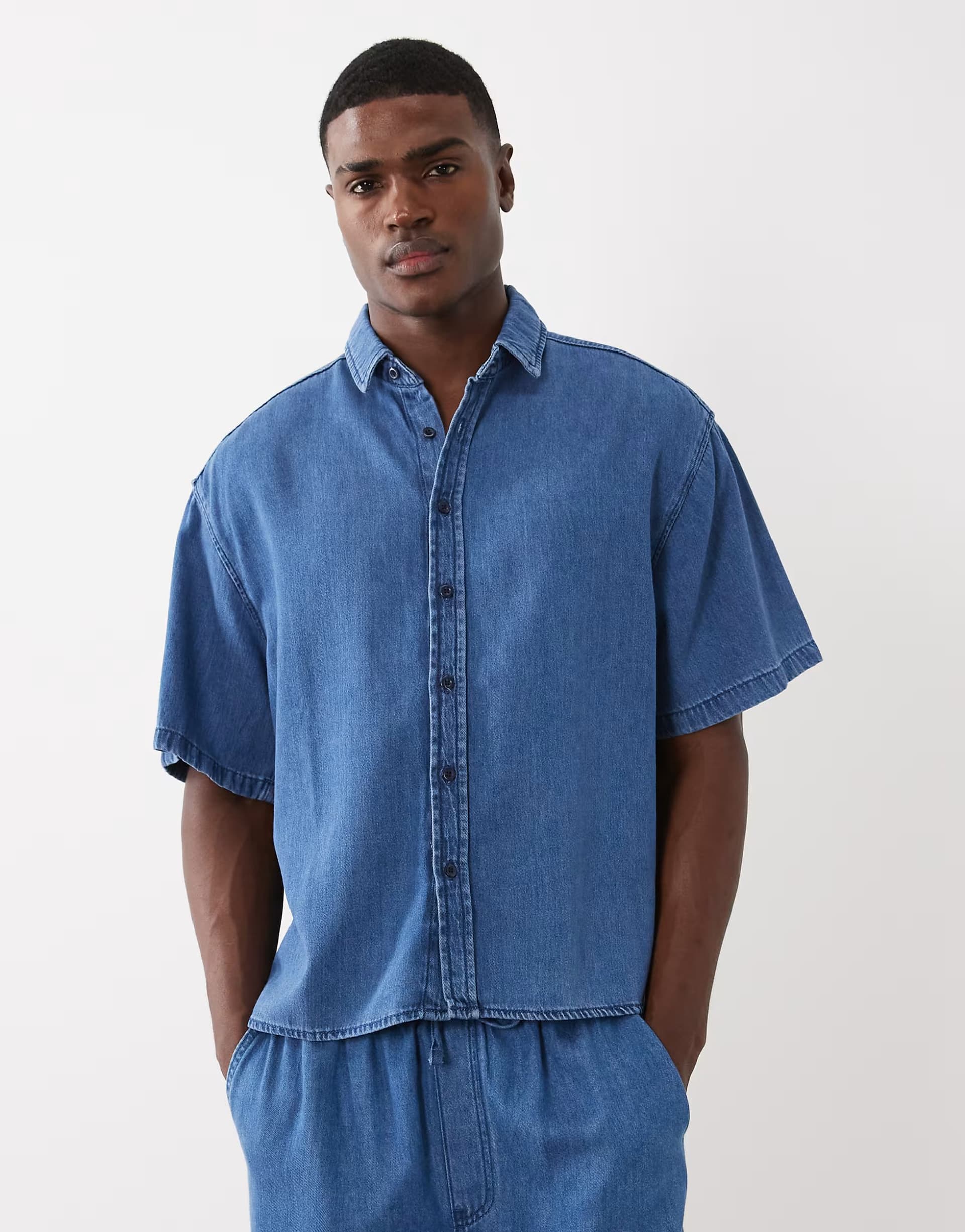 ASOS ASOS DESIGN co-ord short sleeve oversized linen blend denim shirt in mid wash blue