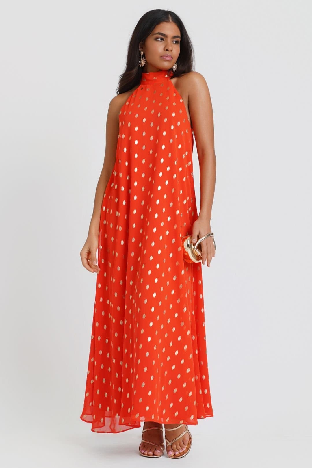 Needs No Label Needs No Label Women's Orange Foil Halter Maxi Dress