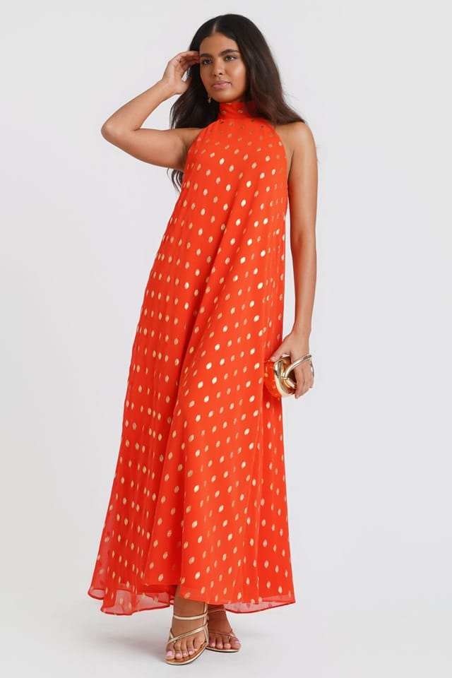 Needs No Label Needs No Label Women's Orange Foil Halter Maxi Dress - 3