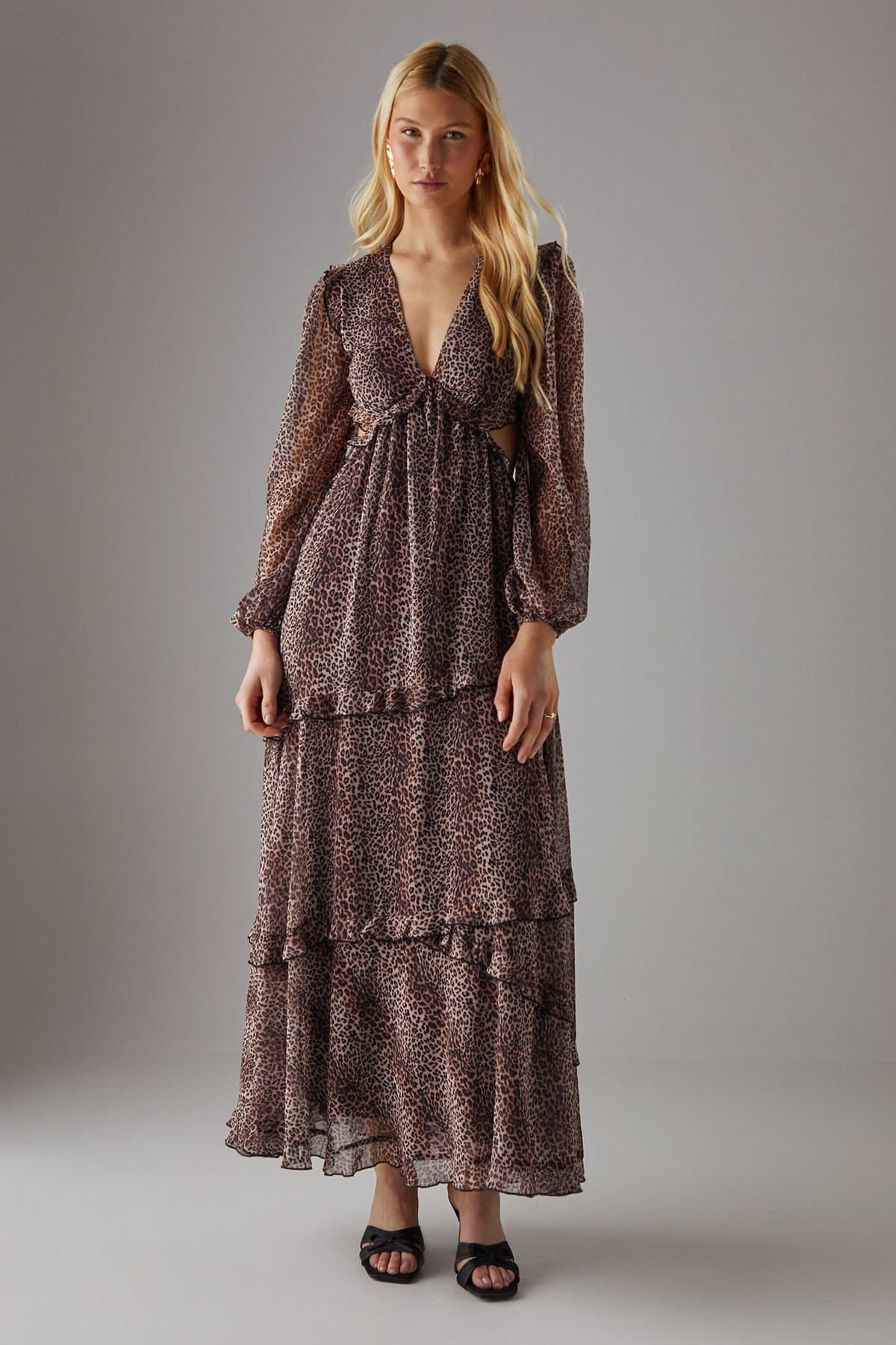 Warehouse Warehouse Women's Chiffon Cut Out Waist Ruffe Maxi Dress in Animal