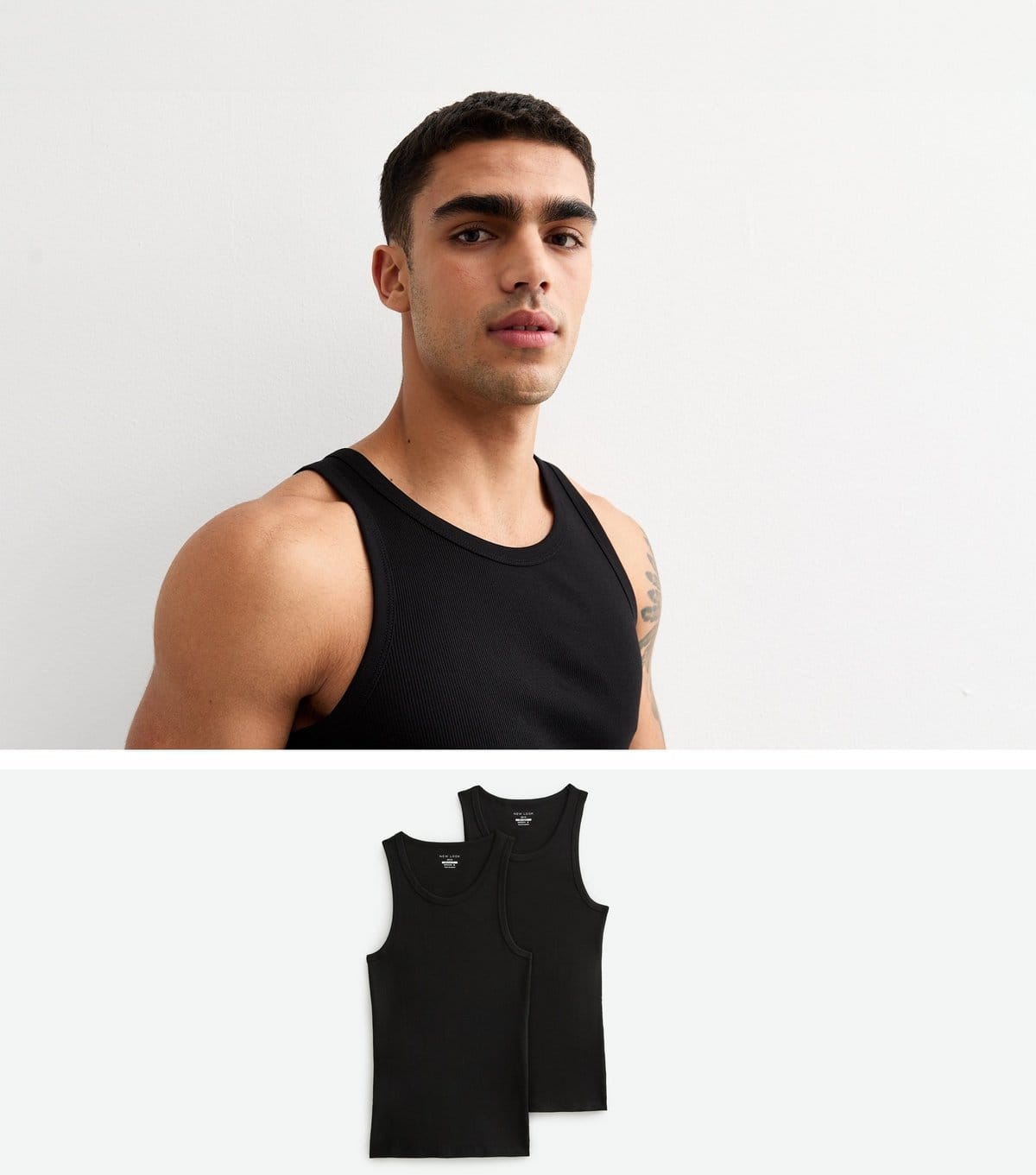 New Look Men's 2 Pack Black Slim Ribbed Cotton Vest Tops