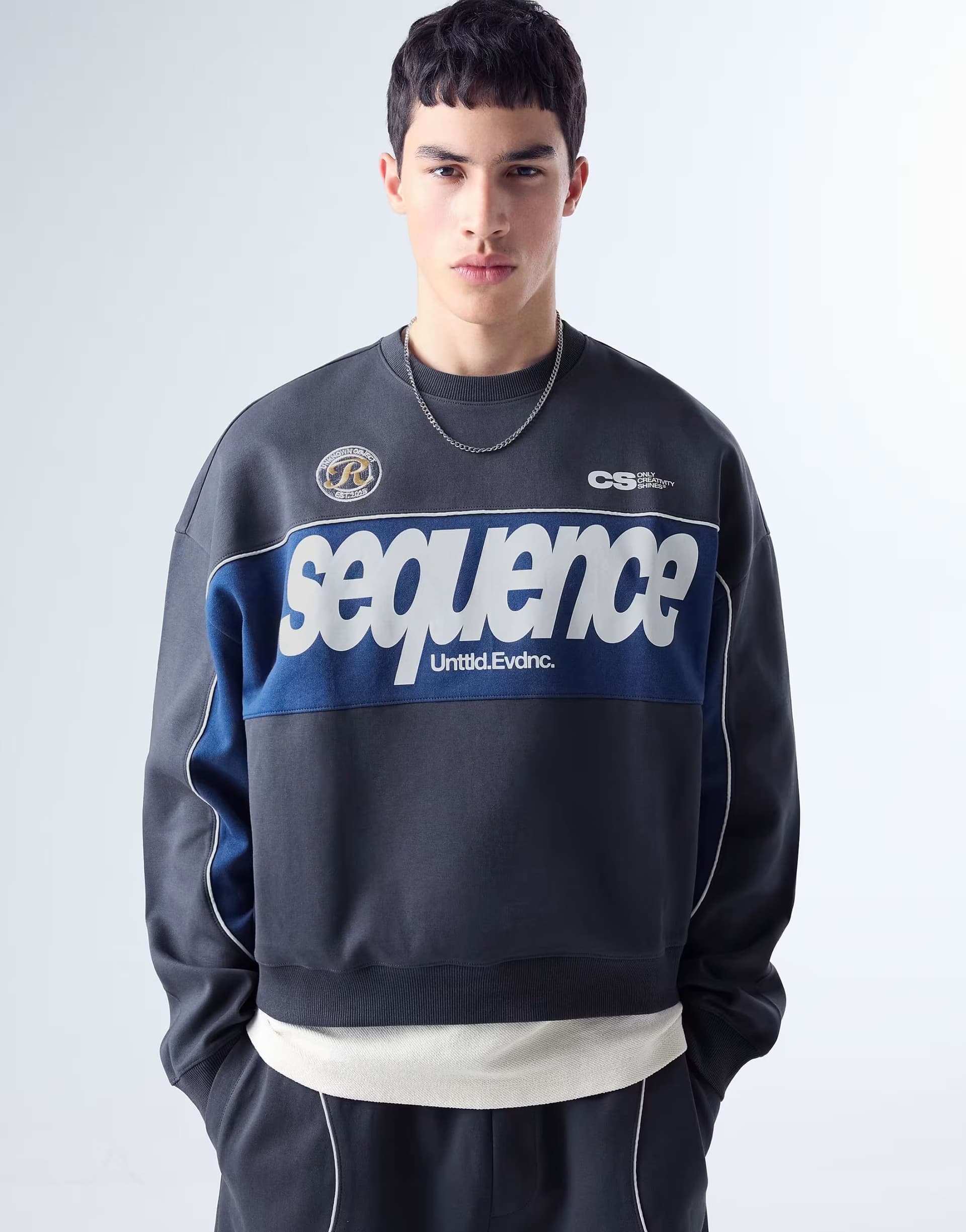 ASOS Bershka Printed round neck sweatshirt in denim blue