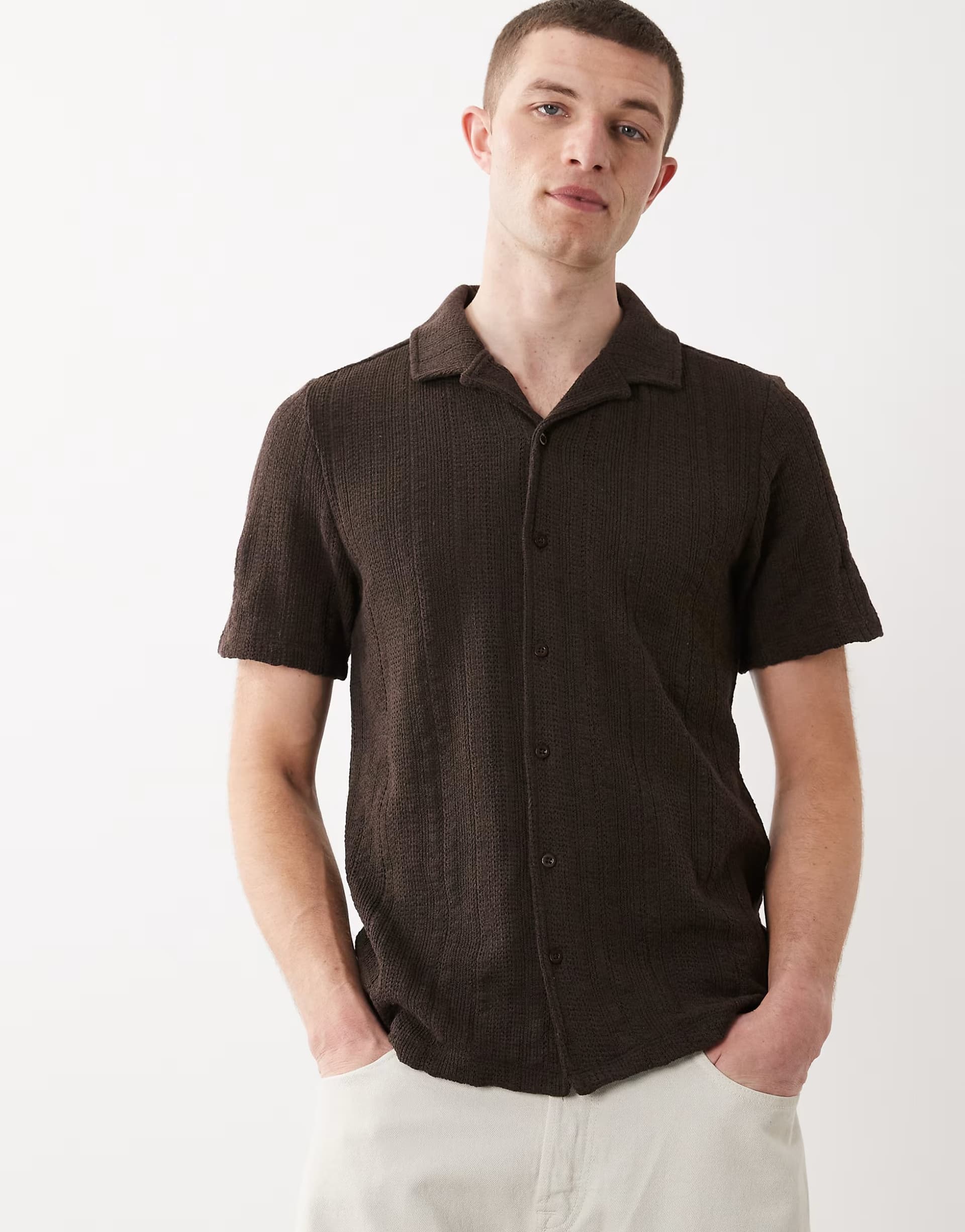 ASOS New Look textured knitted revere shirt in chocolate brown