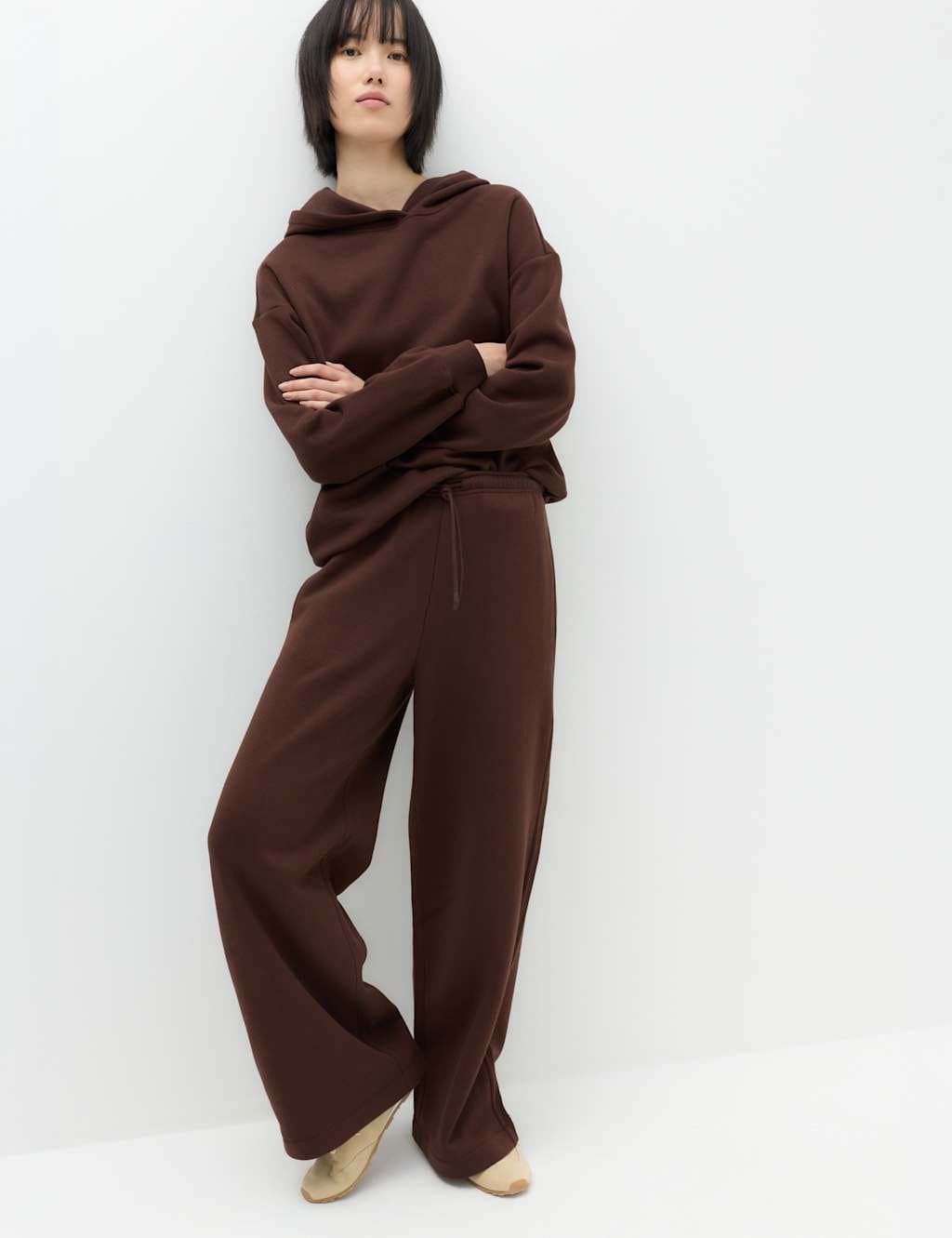 Marks & Spencer M&S Cotton Rich Wide Leg Joggers Dark Chocolate