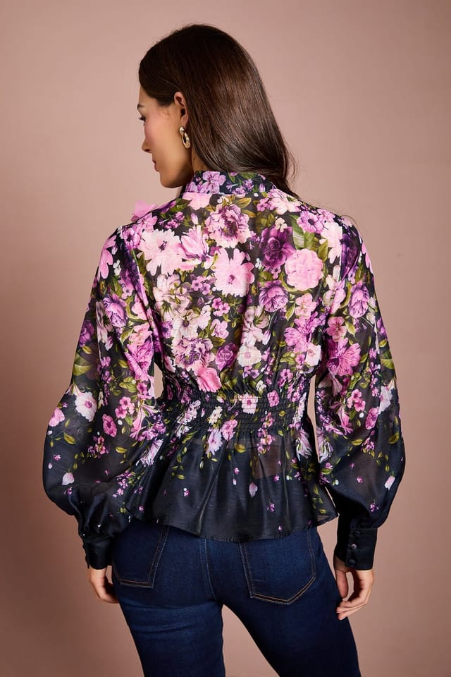 Coast Coast Women's 3D Flower Printed Organza Blouse in Navy - 3