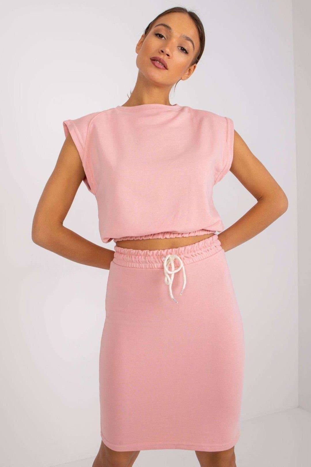 Love Lace Love Lace Women's Summer Blouse & Skirt Set with Tie Waist in Pink