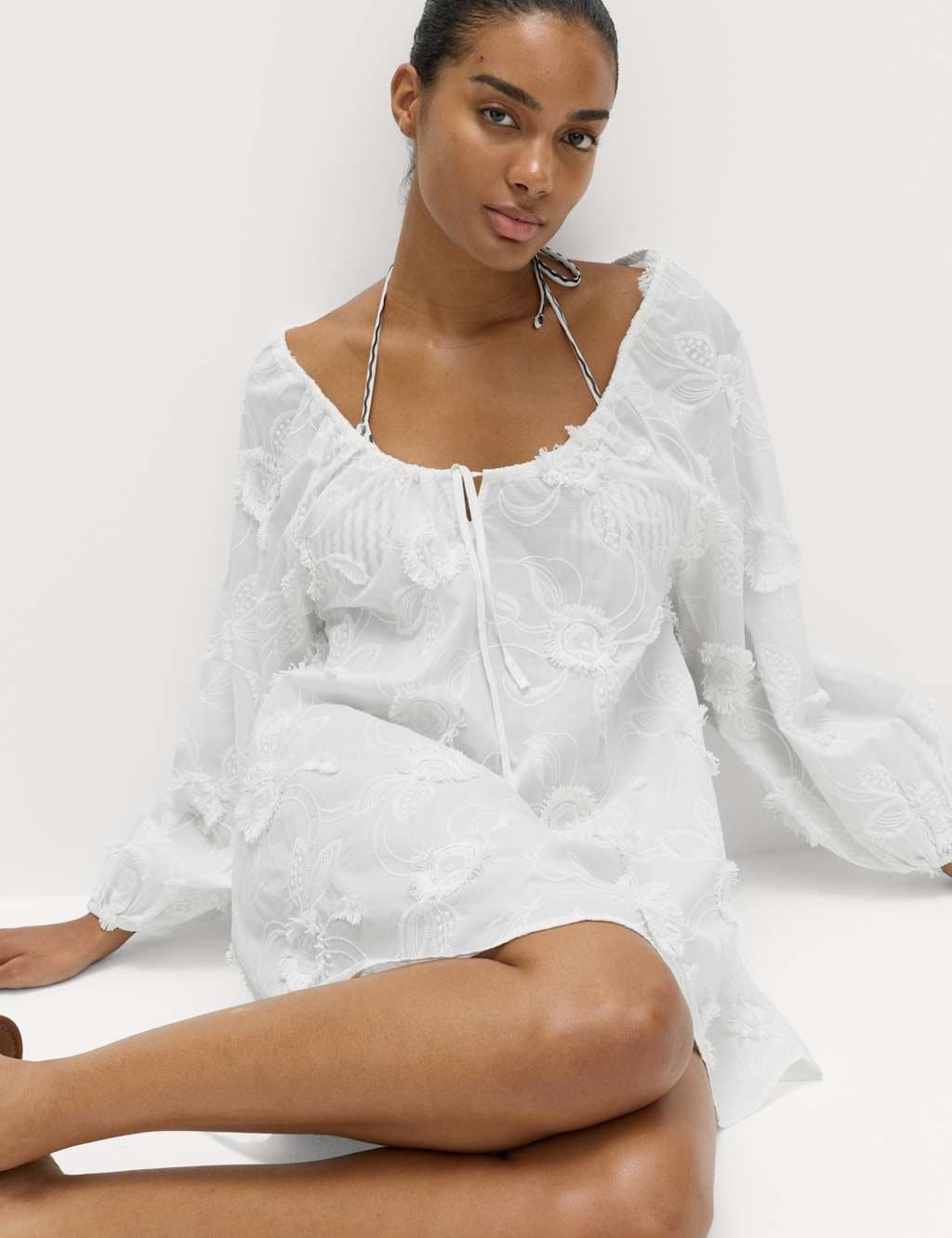 Marks & Spencer M&S Pure Cotton Textured Midi Beach Dress Soft White