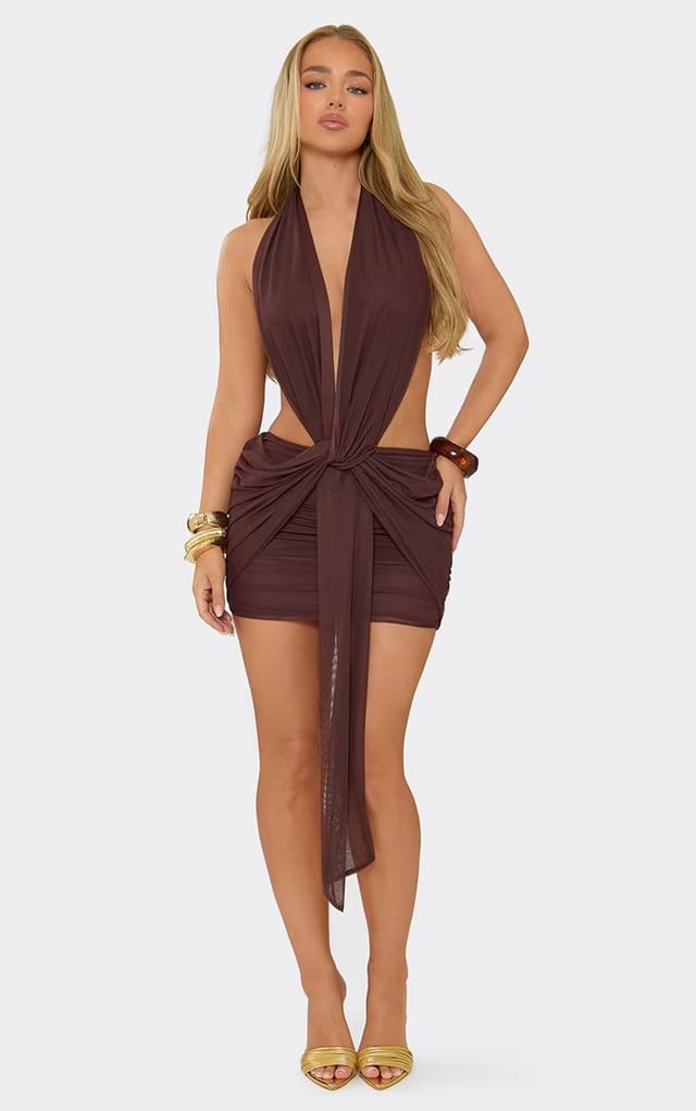 EGO Plunge Halterneck Twisted Drape Detail Mini Dress In Chocolate Brown, Women's Size UK 6 - 2