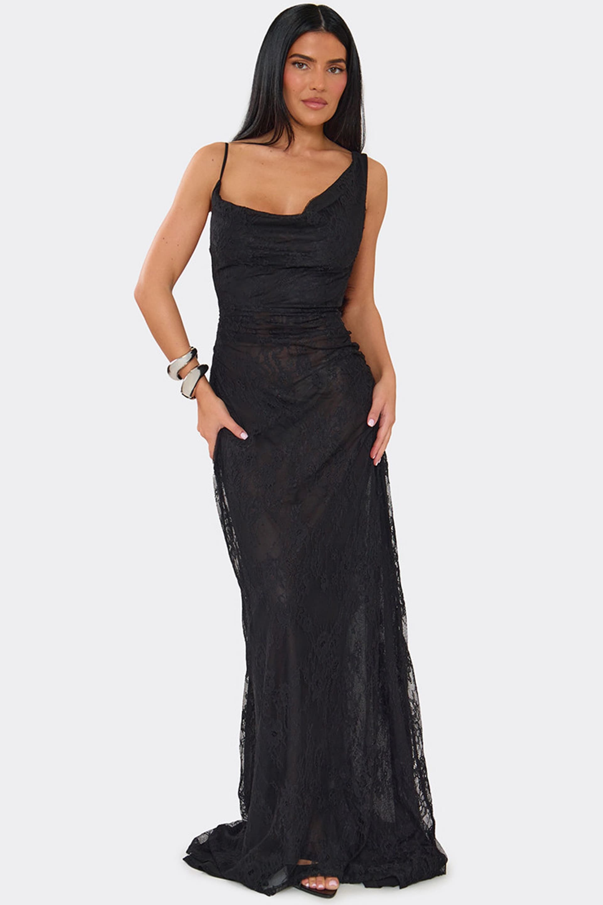 EGO EGO Women's Strappy Cowl Neck Twist Lace Maxi Dress in Black