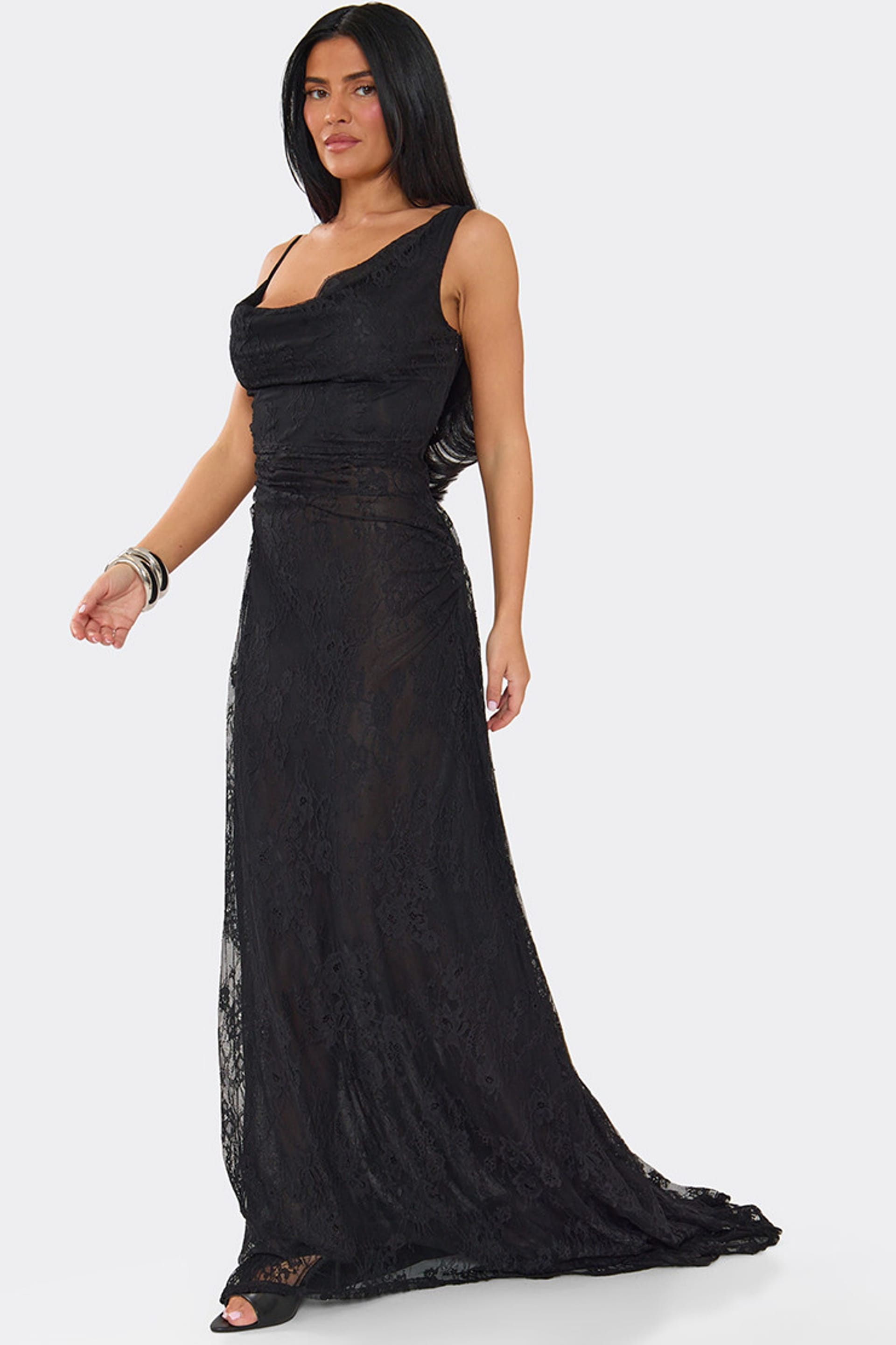 EGO EGO Women's Strappy Cowl Neck Twist Lace Maxi Dress in Black - 4