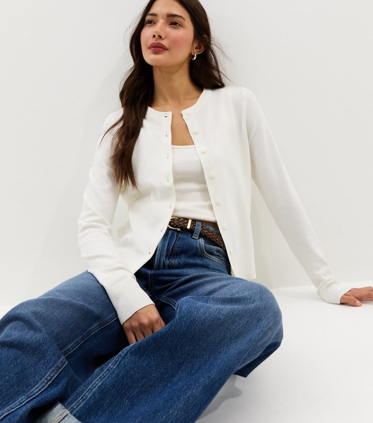 New Look White Knit Crew Neck Button Up Cardigan