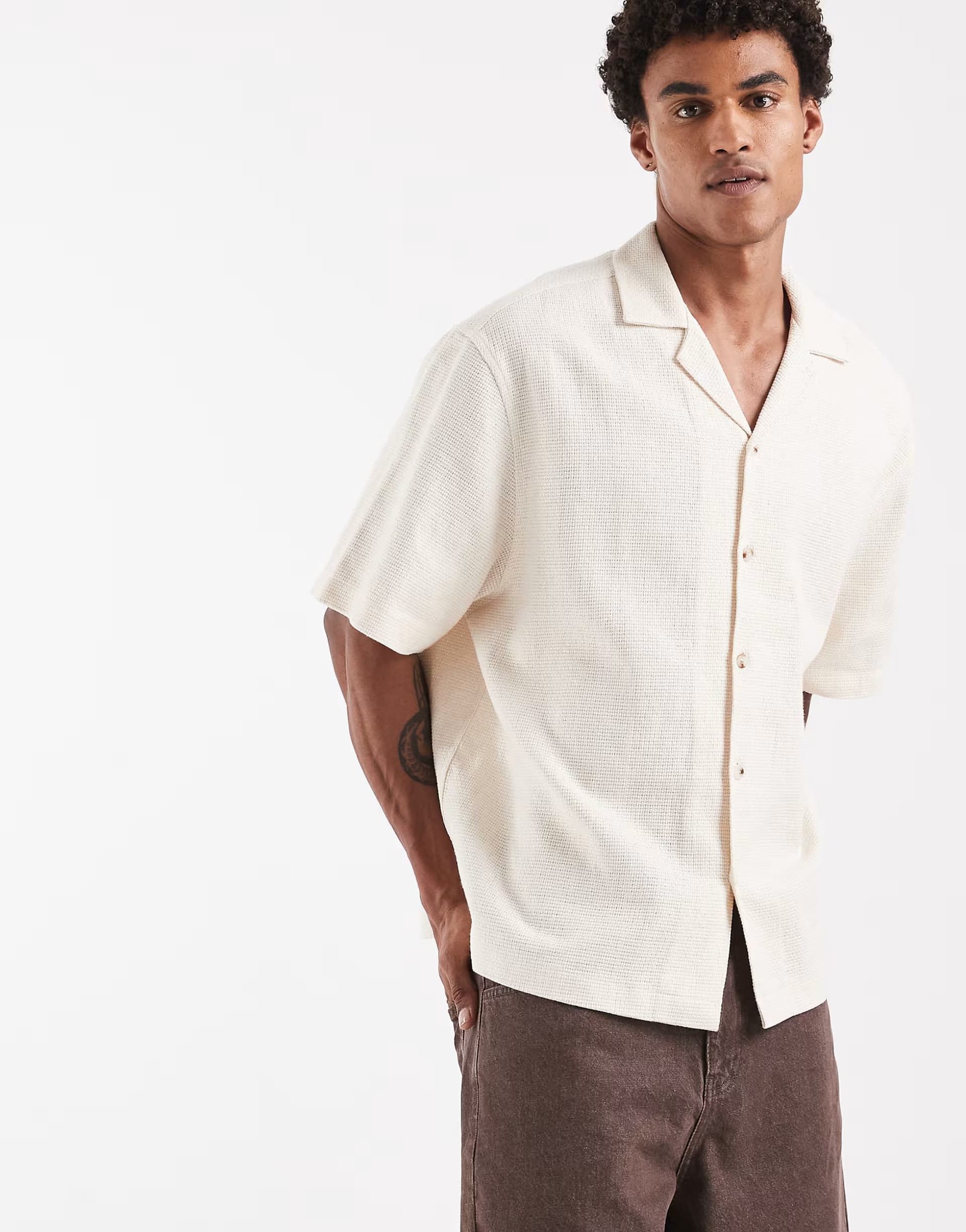 ASOS ASOS DESIGN boxy oversized revere basket textured shirt in ecru