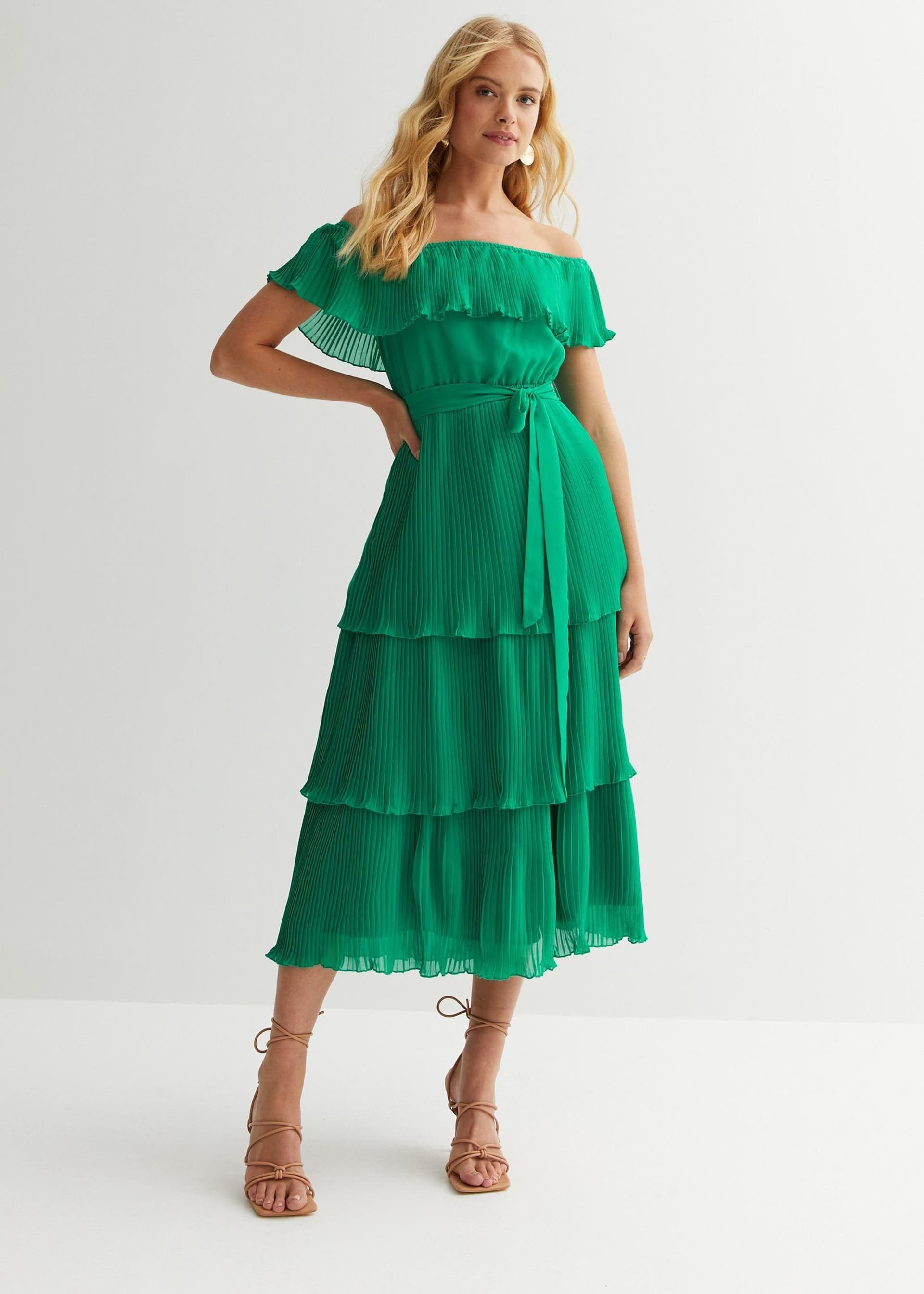 Gini London Gini London Women's Green Pleated Tiered Bardot Midaxi Dress
