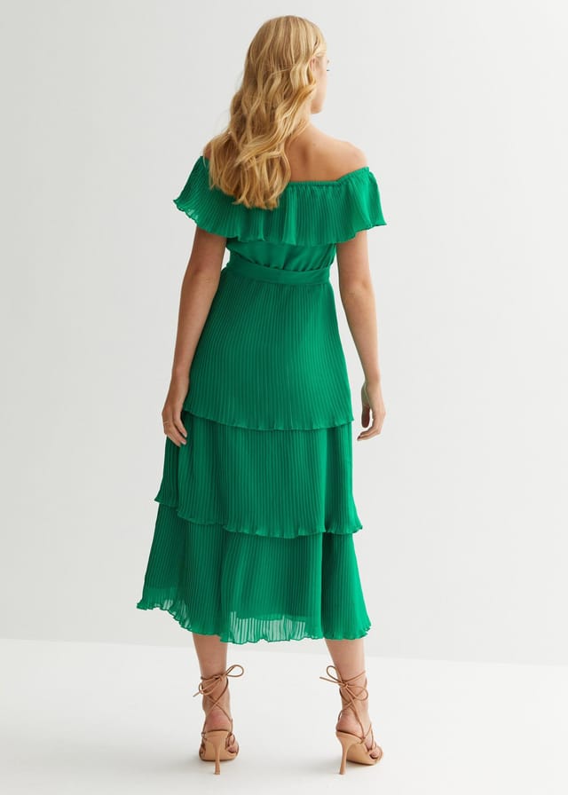 Gini London Gini London Women's Green Pleated Tiered Bardot Midaxi Dress - 2